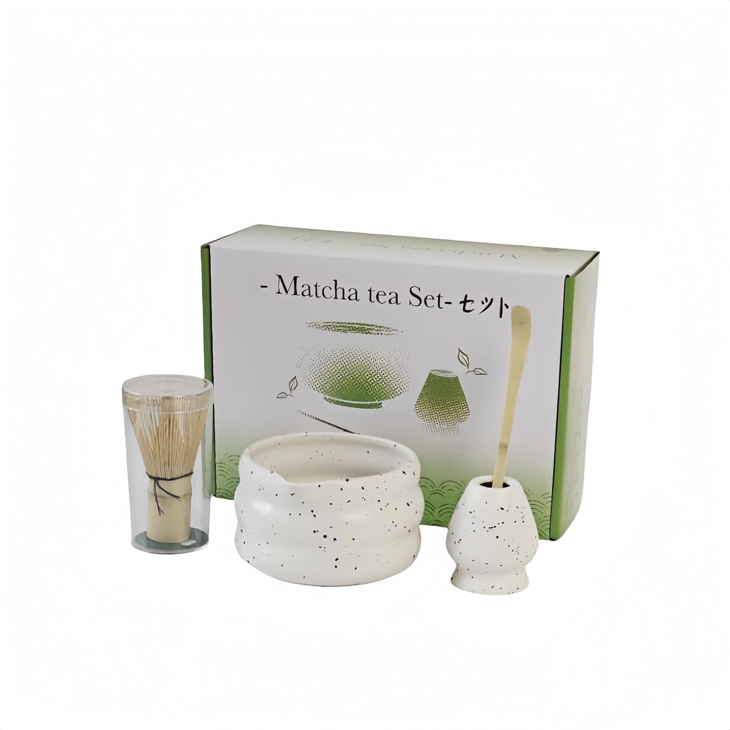 7-piece matcha kit includes matcha bowl. white speckled matcha tea set with bamboo whisk -, sifter, scoop, stainless steel filter, tea caddy, cloth & gift box - for matcha green (4)
