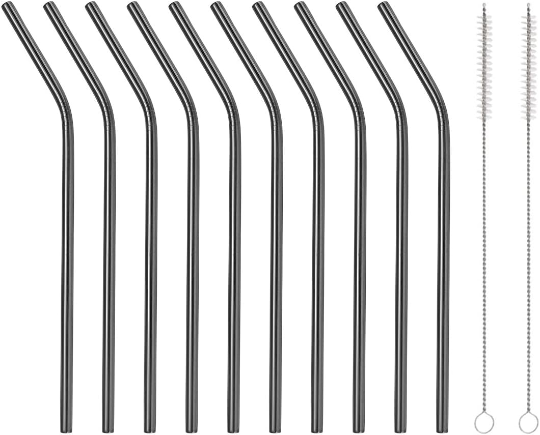 10 Pcs Stainless Steel Straws, Reusable Drinking Straws, Bent Metal Straw Sets with 2 Pcs Cleaning Brushes (Black, 8.5 Inch)