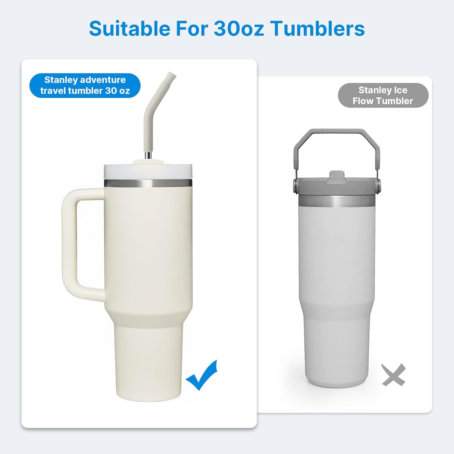 Metal Straw with Silicone Tip for 30oz Stanley Cup, 2 Pcs Stainless Steel Straws Replacement for Stanley 30 oz Adventure Quencher Travel Tumbler Cup, 1 Straw Brush (Cream Grey)