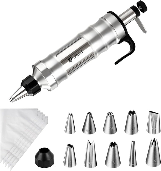 Dessert Decorating Syringe Set Icing Piping Kit Frosting Piping Kit Stainless Steels Cake Decorating Kit with 10 food grade stainless steel piping tips & 50 Disposable Piping Bags Black