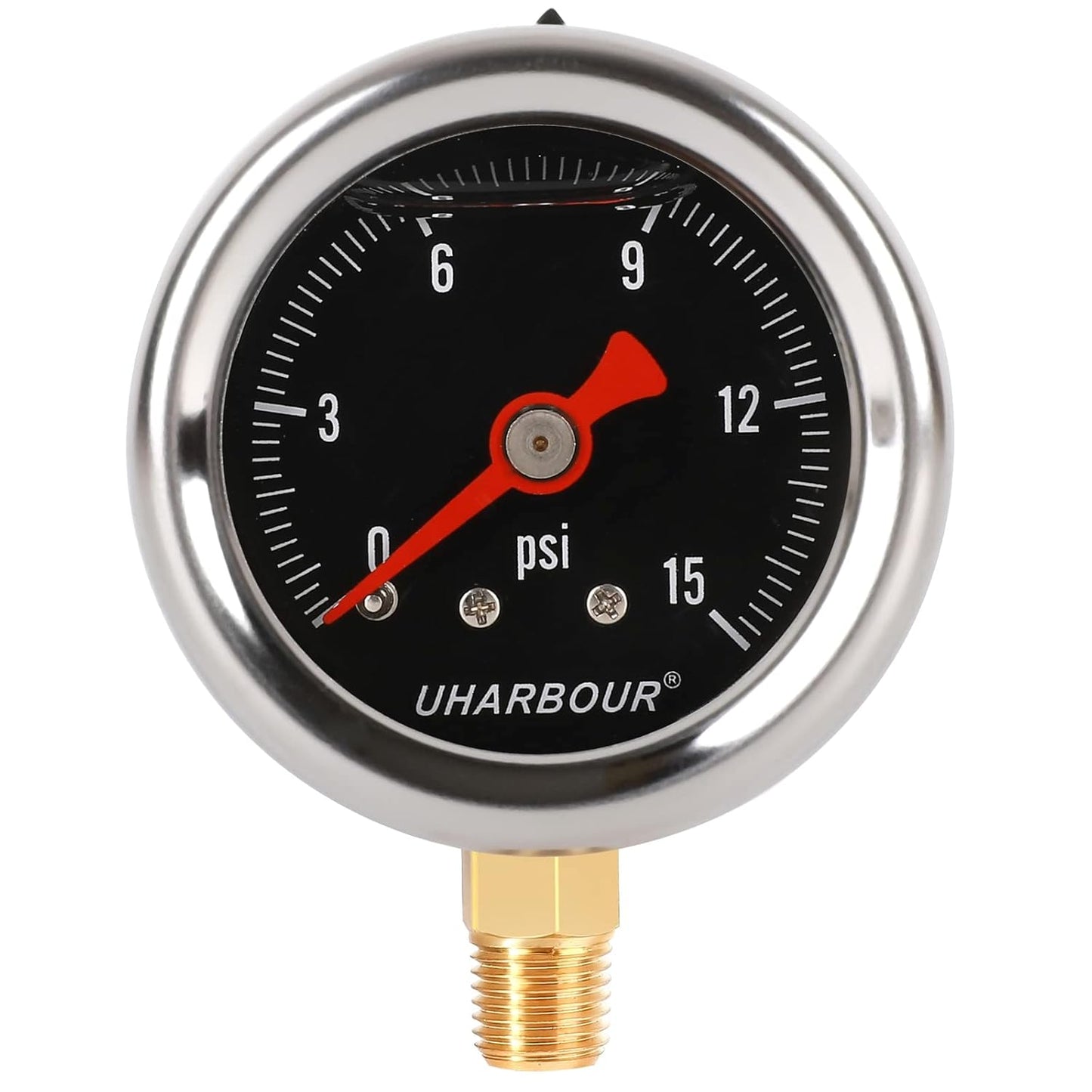 Glycerin Filled Pressure Gauge with 304 Stainless Steel Case, 1-1/2" Black Dial, 0-15Psi, High Accuracy, 1/8" NPT Center Bottom Mount……