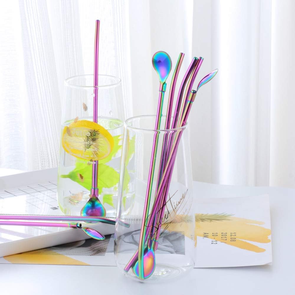 Straw Spoon, 8PCS 8.5inch Rainbow 18/8(304) Stainless Steel Metal Straws Reusable + 2 Brushes