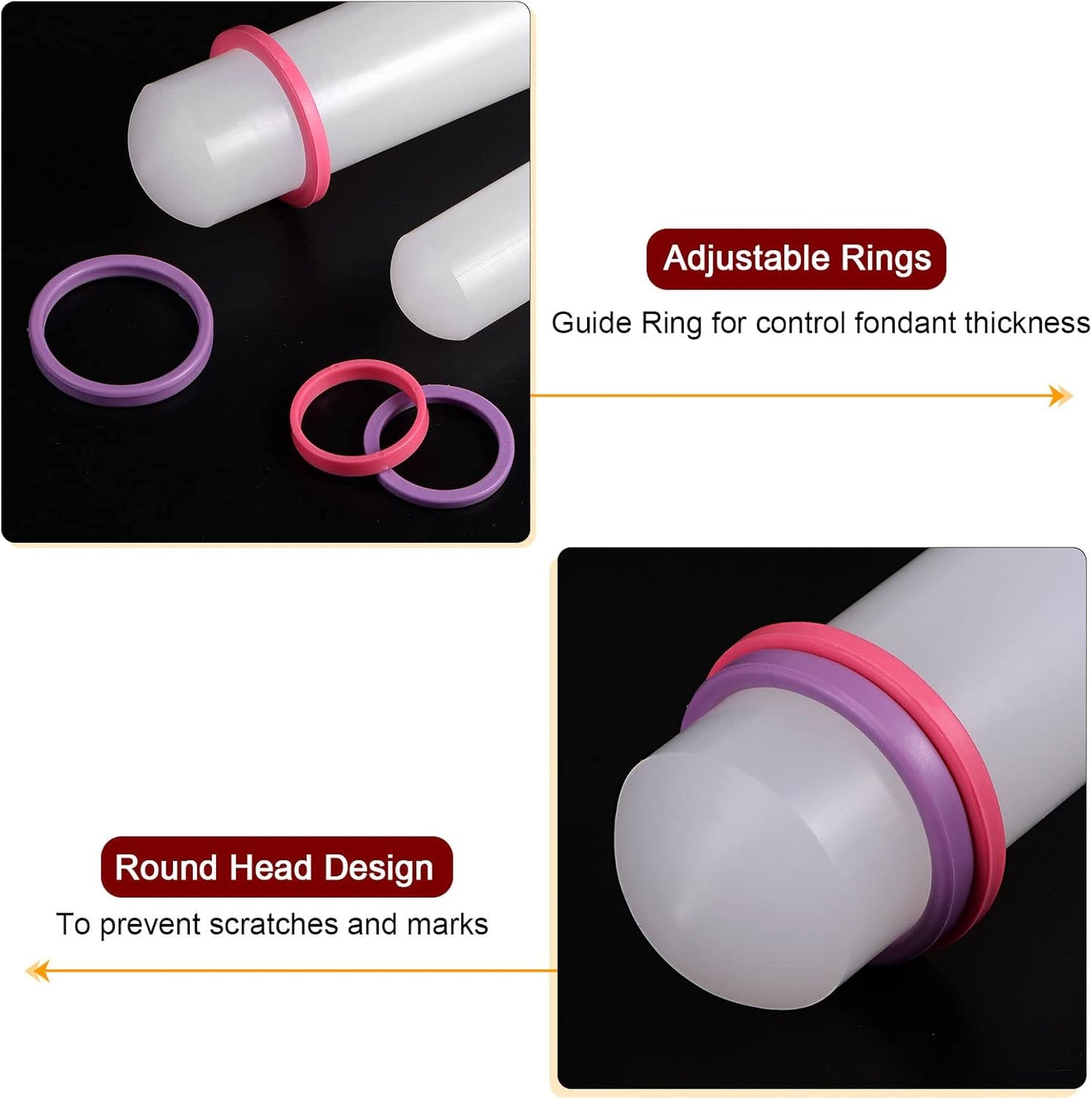 HARFINGTON Fondant Rolling Pin 12 Inch x 1.38 Inch Adjustable Guide Rings Non-Stick PP Plastic Fondant Roller Dough Roller Kitchen Decorating Tools for Cookie Pastry Pizza Clay