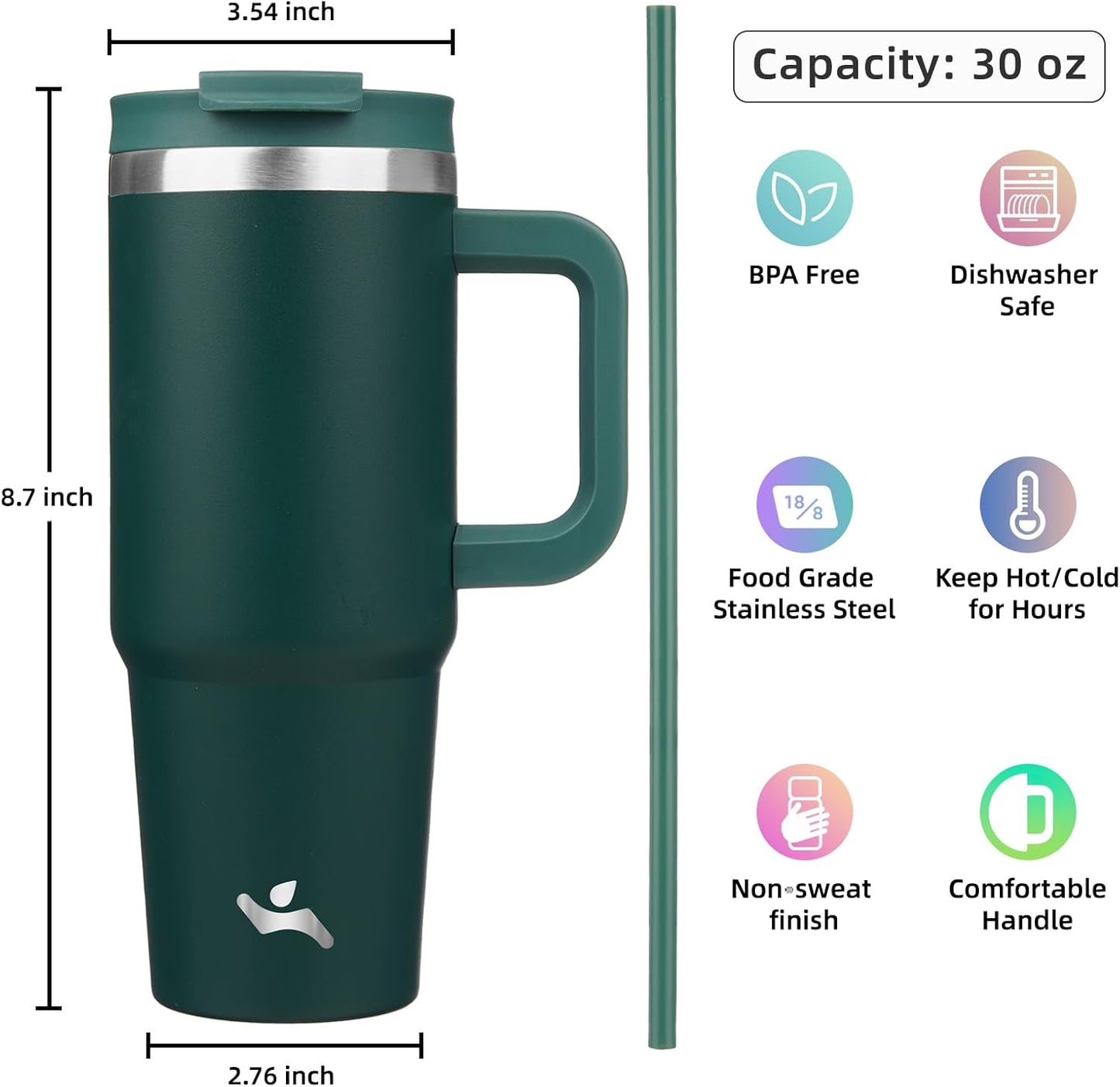 30 oz Tumbler with Handle and 2 Straws,2 in 1 Lid Insulated Water Bottle Stainless Steel Travel Coffee Mug,Dark Green
