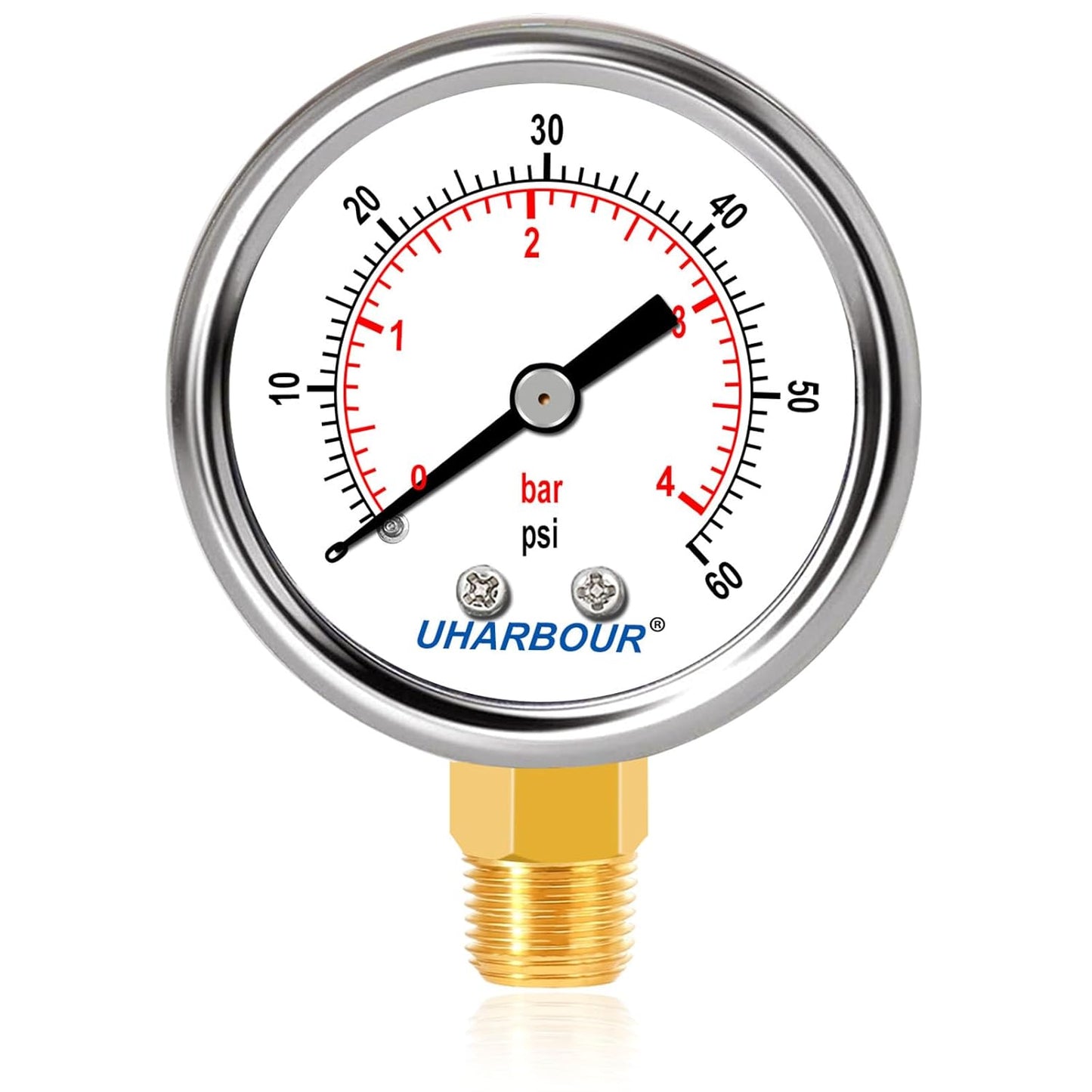 Lead-Free Water Pressure Gauge Liquid Filled 60 Psi 2" Dial, Stainless Steel Case, 1/4" NPT Lower Mount, Water Pressure Gauge for Home