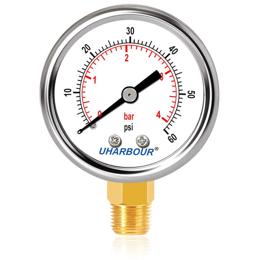 Lead-Free Water Pressure Gauge Liquid Filled 60 Psi 2" Dial, Stainless Steel Case, 1/4" NPT Lower Mount, Water Pressure Gauge for Home