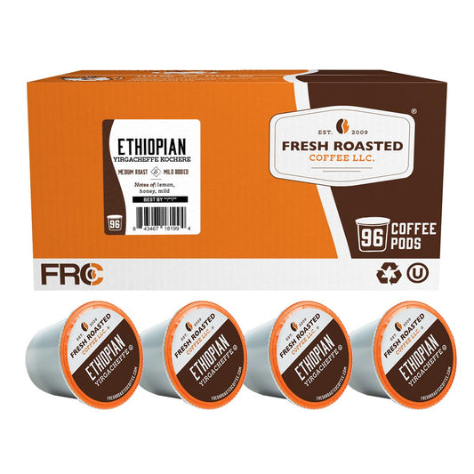 Fresh Roasted Coffee, Ethiopian Yirgacheffe Kochere, Medium Roast, 96 Pods for K Cup Brewers