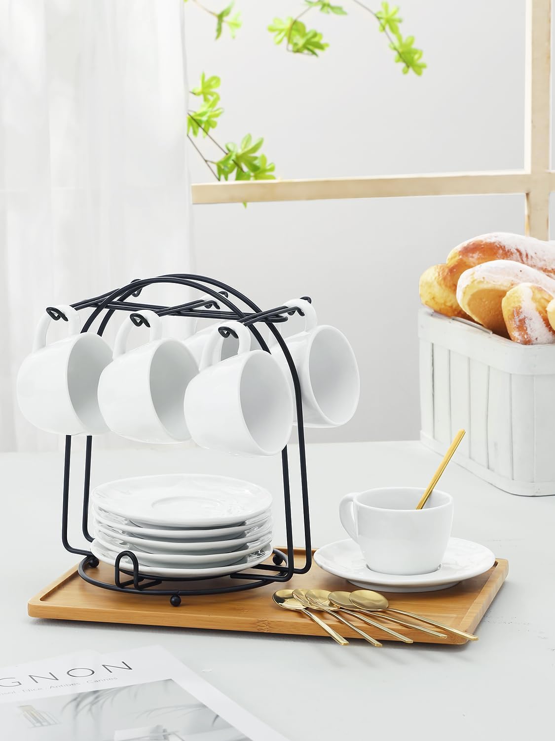 Yedio 4 oz Espresso Cups with Saucers and Metal Stand, Spoons, Porcelain Stackable Coffee Cups, Demitasse Cups, Perfect for Single or Double Espresso, Cappuccino, Latte and Tea - Set of 6, White