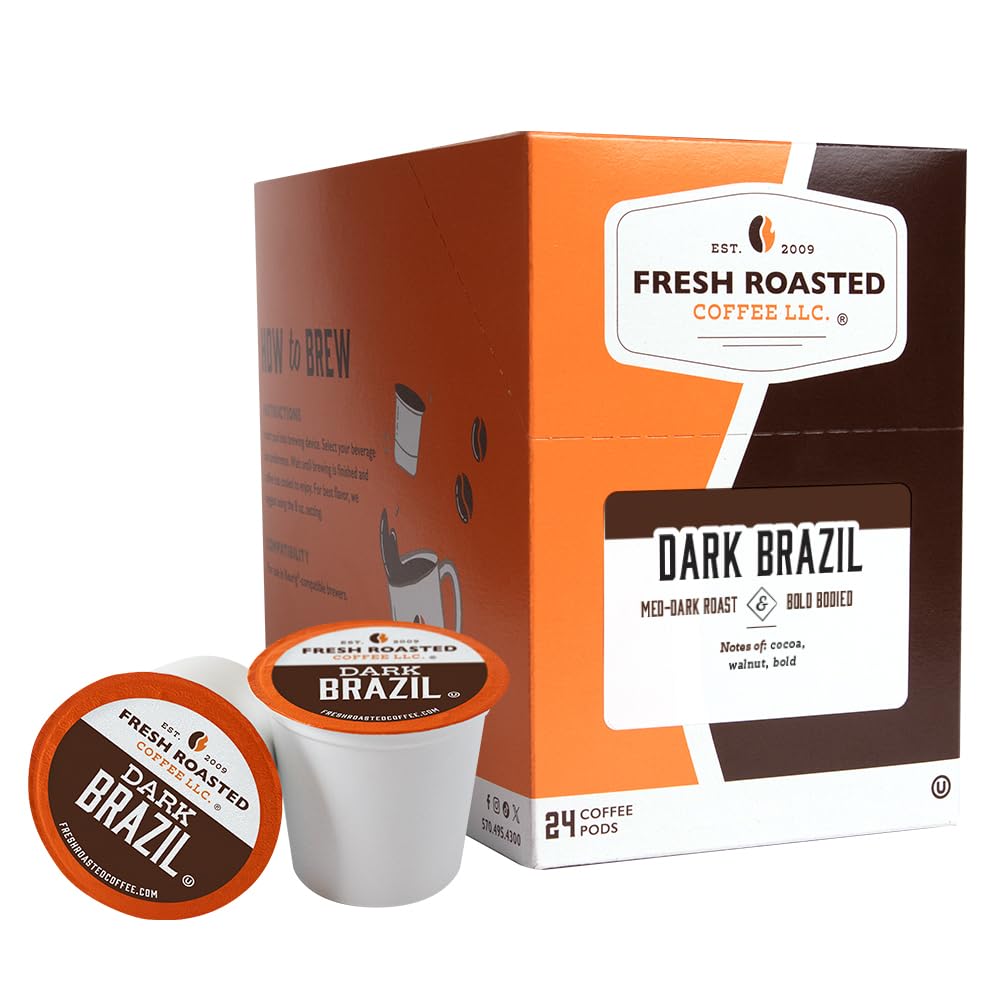Fresh Roasted Coffee, Dark Brazil, Med-Dark Roast, 24 Pods for K Cup Brewers