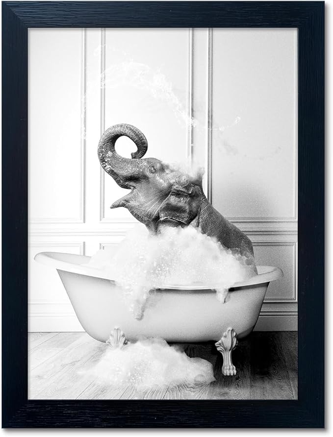 Framed Bathroom Art Wall Decor Elephant in Bathtub Decor Funny Black and White by Melpa+Art