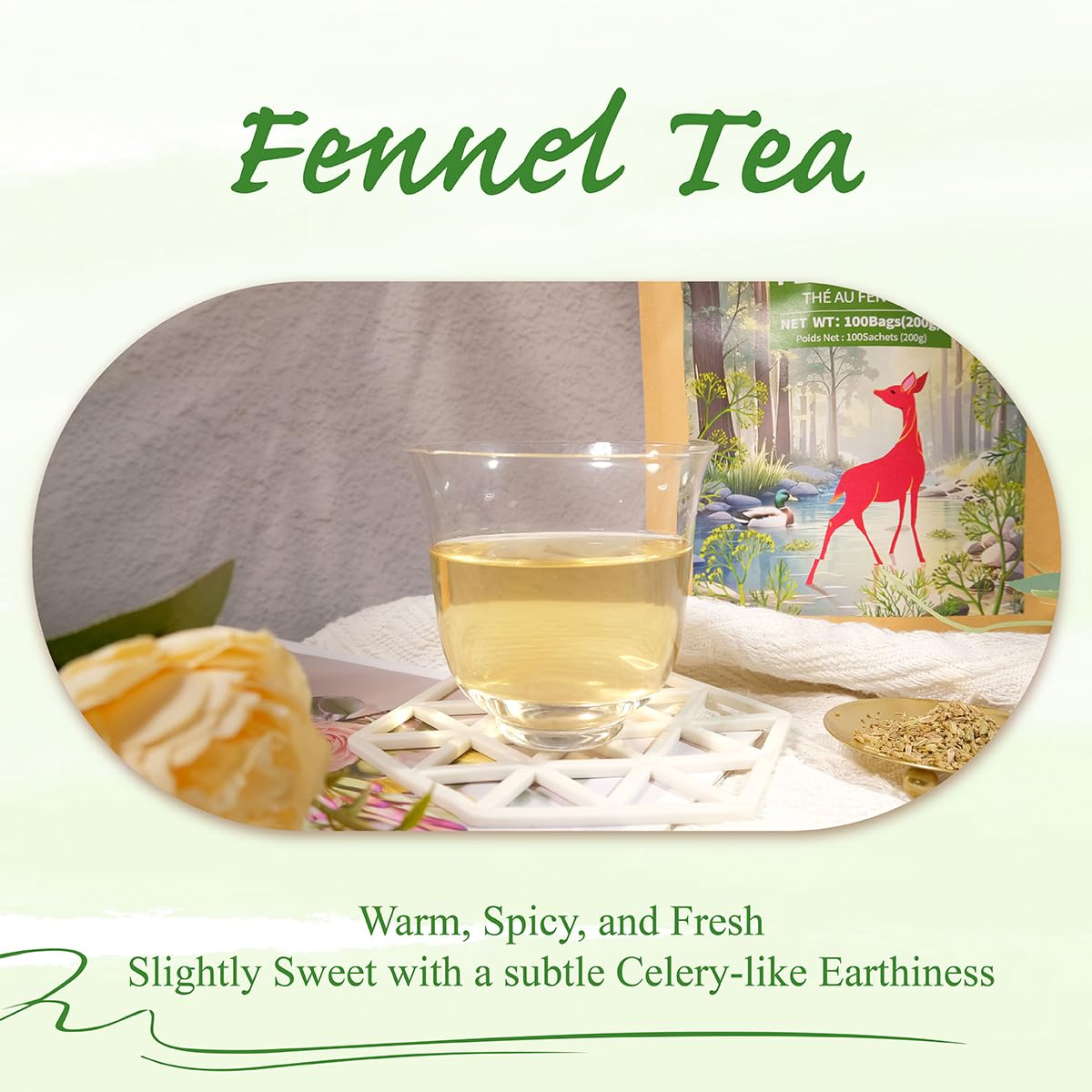 WT WEETEE Fennel Tea Bags 100 Count, 100% Natural & Pure Fennel Seeds Tea, Smooth & Sweet, No Sugar, Caffeine-Free