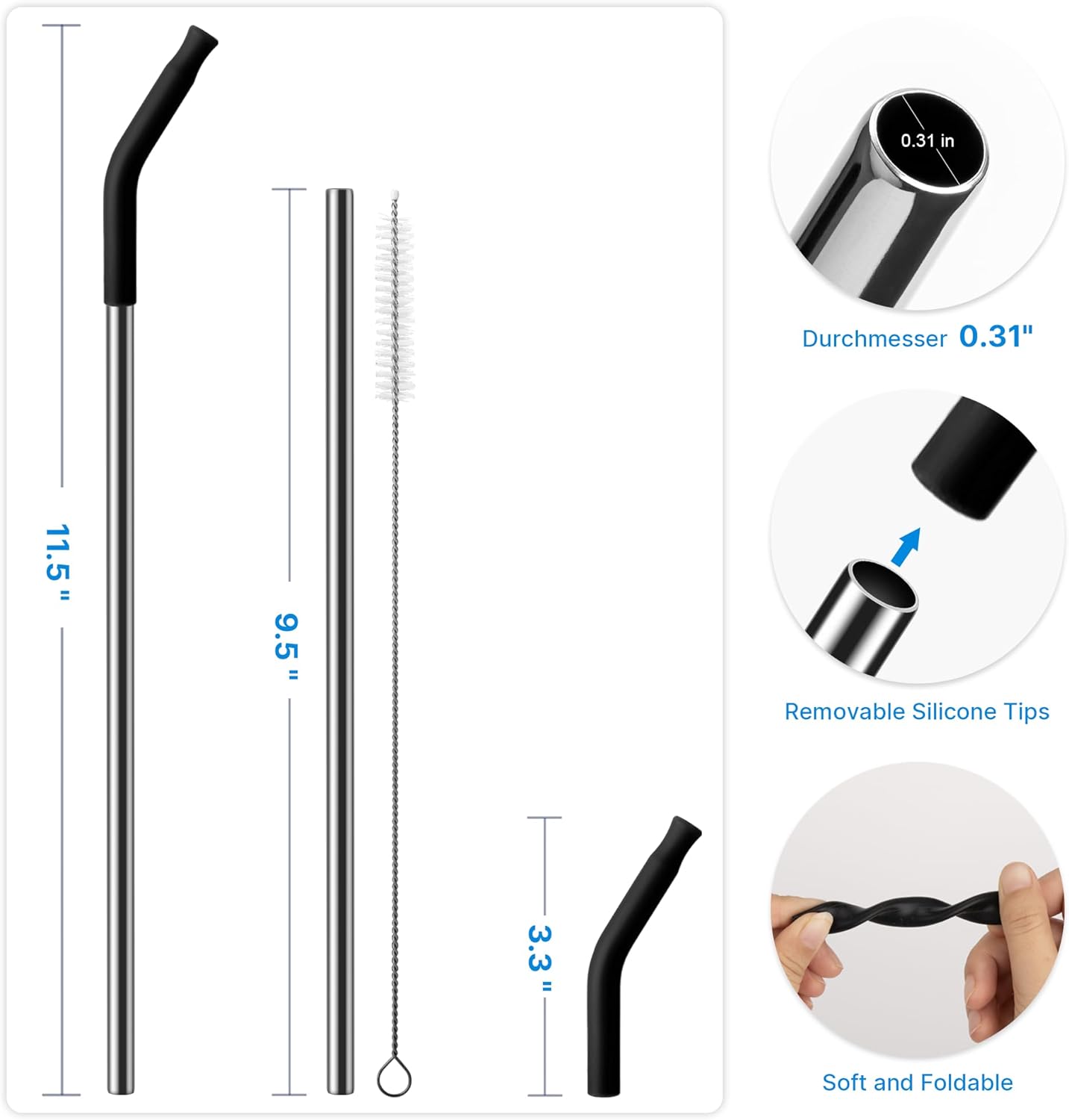 Repeatable Metal Straw with Silicone Tips for 30 oz Stanley Tumbler, 2 Pcs 30 oz Stainless Steel Straws Replacement for Stanley Tumbler, 1 Straw Brush, BPA Free（Black）