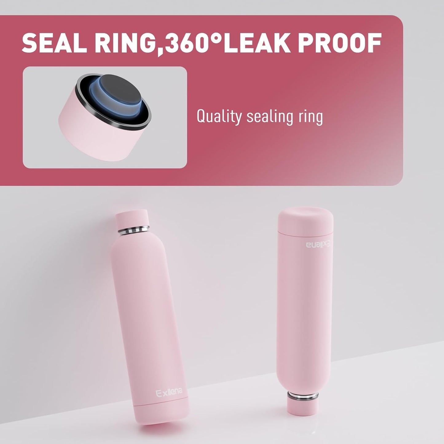 Slim Insulated Water Bottles for Travel 32oz with Clip, Double Wall Vacuum Stainless Steel Water Bottle Keeps Drinks Cold 24 Hrs/Hot 12 Hrs, 100% Leakproof, BPA Free(Pink)