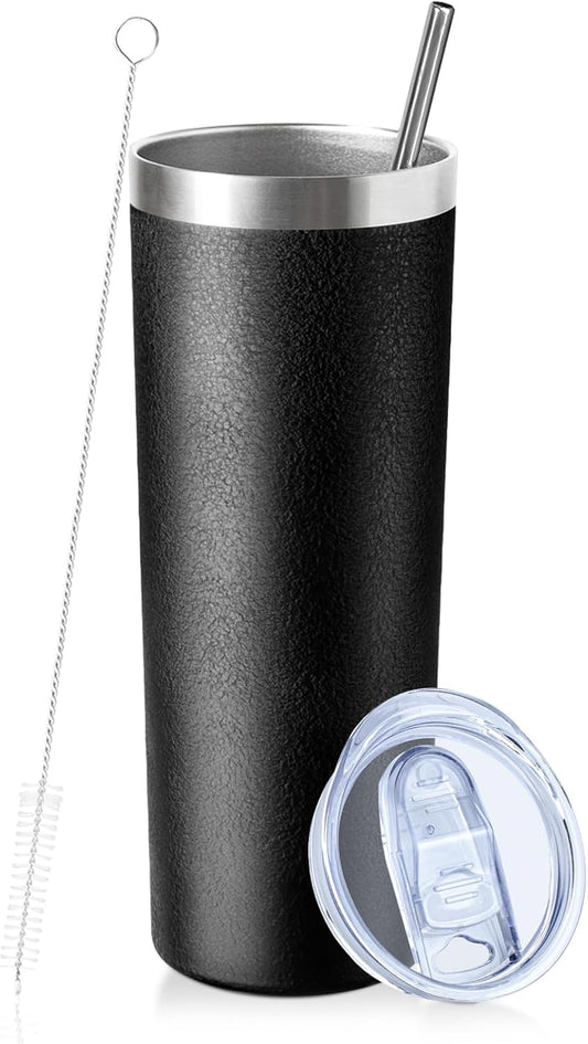 20 oz Skinny Tumbler with Lid and Straw,Stainless Steel Vacuum Insulated Tumbler Double Wall Travel Coffee Mug,Insulated Cup for Coffee, Tea, Beverages,Office (Texture Black,1)