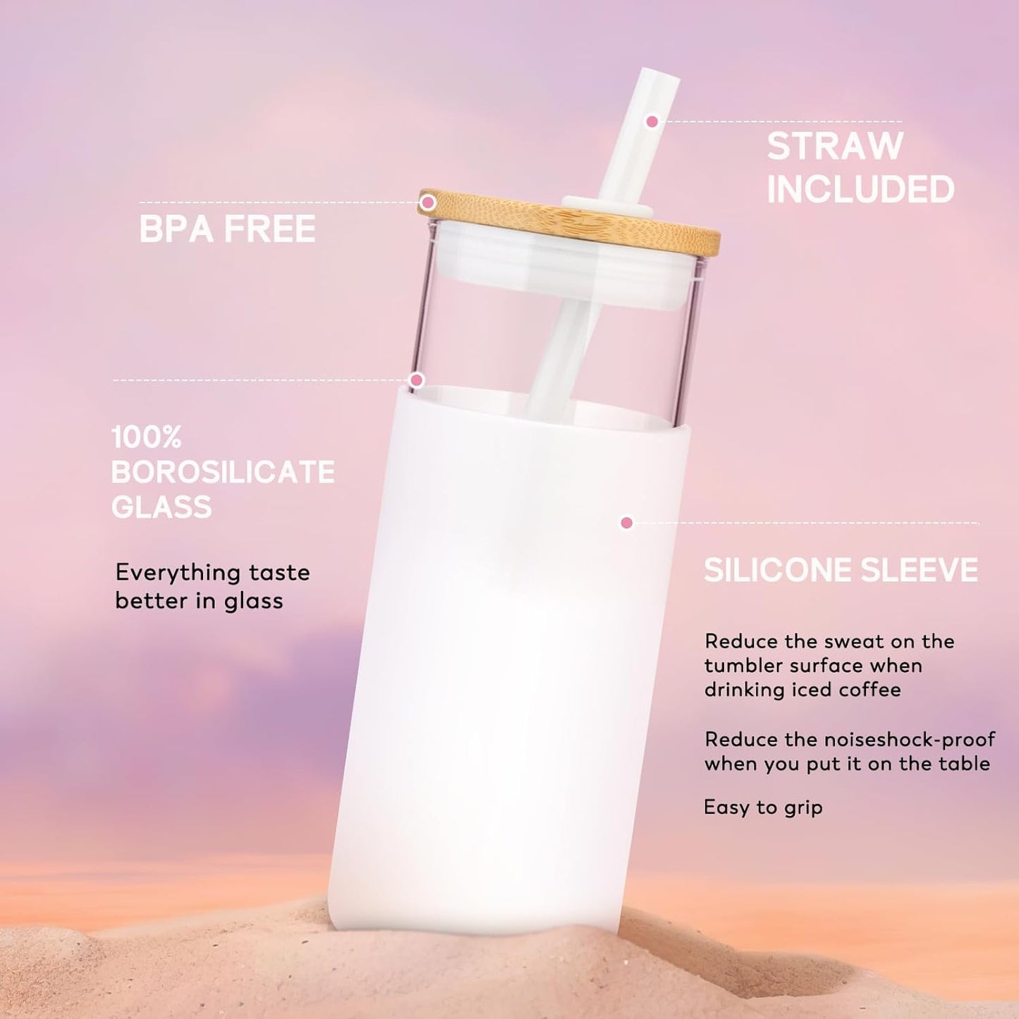 Tronco 20 oz Glass Tumbler with Lid & Straw - Iced Coffee Cup & Smoothie Cup With Silicone Sleeve | BPA-Free, Dishwasher Safe | Reusable Glass Cups with Bamboo Lids and Straws (Amber, 1 Count)