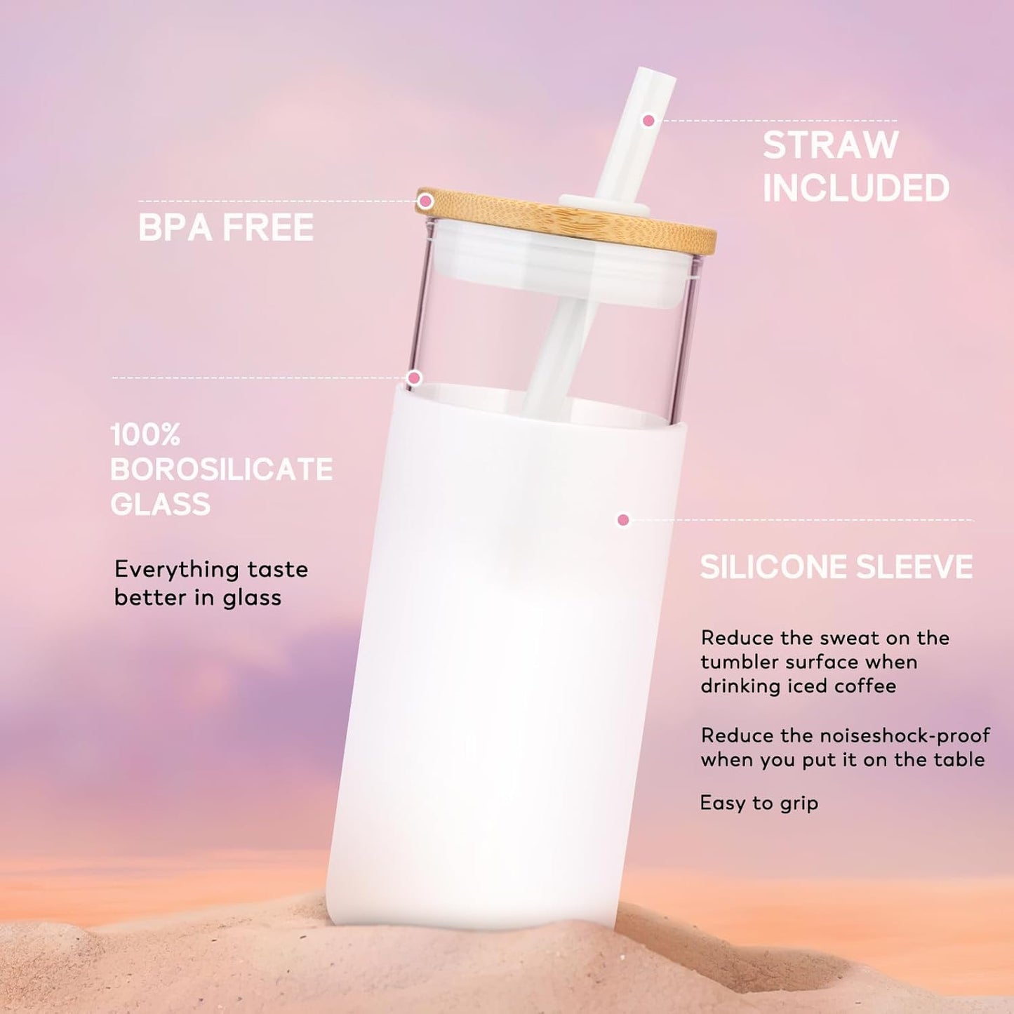 Tronco 20 oz Glass Tumbler with Lid & Straw - Iced Coffee Cup & Smoothie Cup With Silicone Sleeve | BPA-Free, Dishwasher Safe | Reusable Glass Cups with Bamboo Lids and Straws (Light Purple, 1 Count)