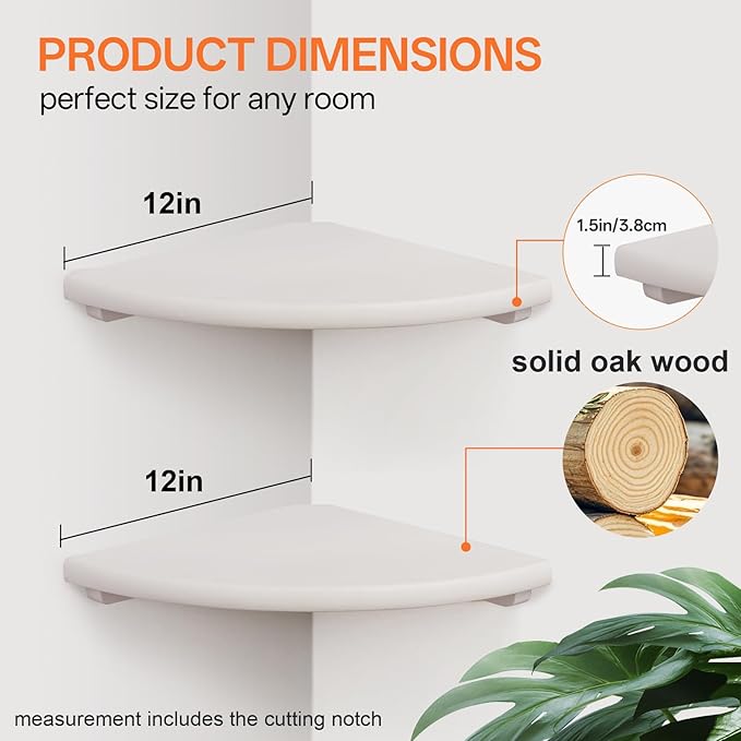 Gieanoo Floating Corner Shelves Set 2 12inch White Solid Oak Rounded Corner - Image 3