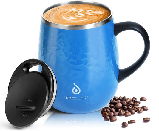 Ideus 16 oz (470 ml) Insulated Coffee Mug with Handle and Lid, Double Wall Stainless Steel Vacuum Thermal Coffee Mug, Travel Coffee Cup Thermal Cup for Home and Office (Leopard Blue)