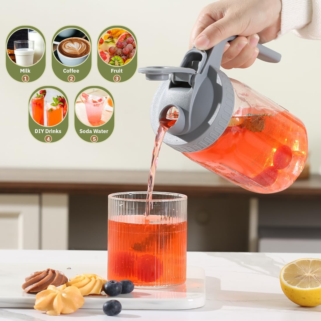 Glass Tea Pitcher with Wide Mouth Airtight Lid Leak Proof Fridge Container with Gray Lid Mason Jar for Water, Tea,Juice and Drinks (1 Pack-32OZ)