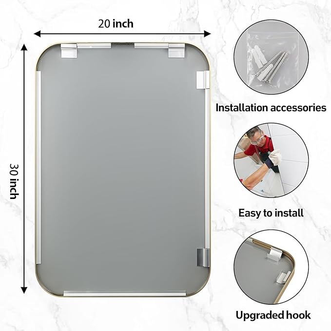 20x30 Inch Gold Bathroom Mirror, Brushed Gold Metal Framed Rectangular Mirror - Image 5