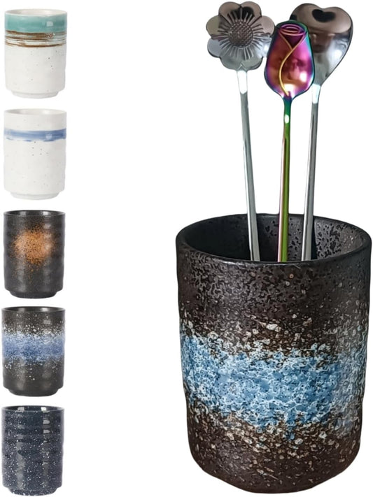 Stoneware Coffee Bar Utensil Holder Tea & Coffee Spoon & Stirrer Holder for Stir Stick Straw Teaspoon Holder Spoon Cup Small Utensil Jar (Sea Water)