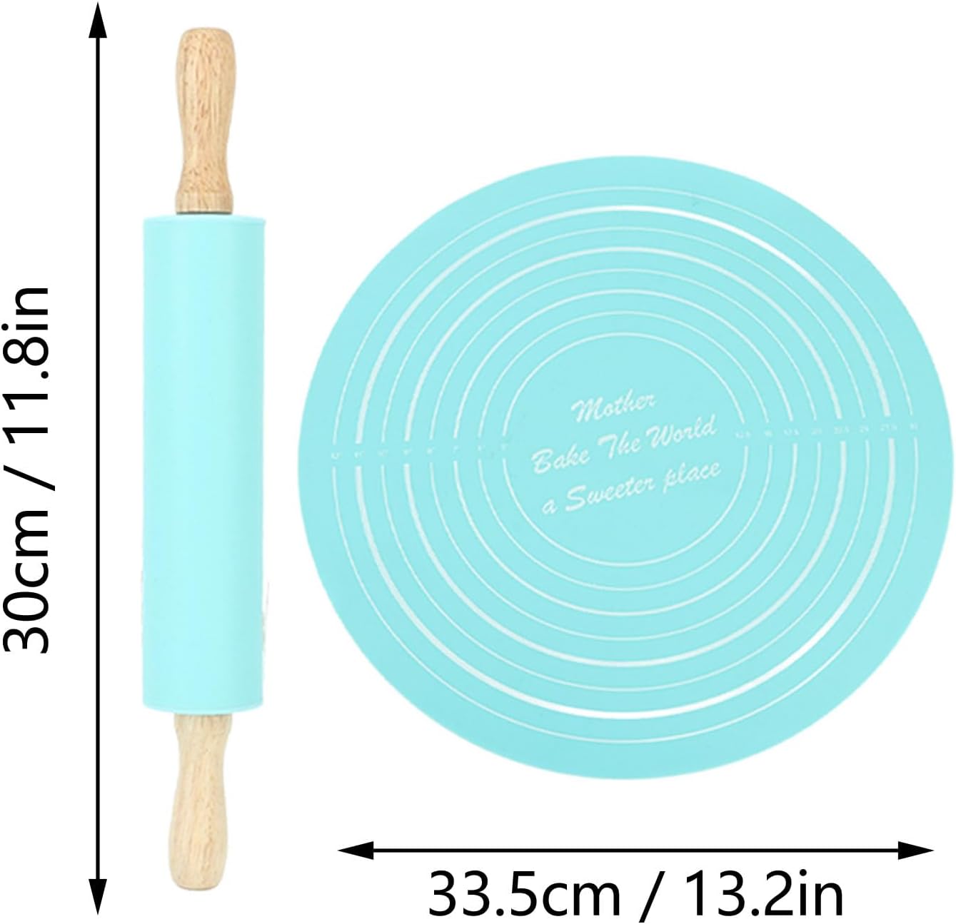 Large Silicone Rolling Pin Pastry Baking Mat Set for Kitchen (Blue)