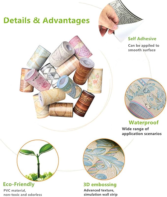 UPREDO 3D Decorative Floral Molding Waterproof Wallpaper Border Peel and Stick - Image 5