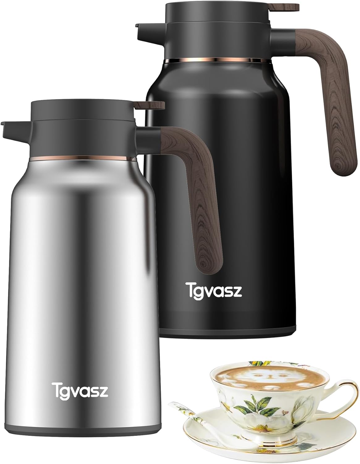 2 PCS Thermal Coffee Carafe 70 oz - 36 Hour Stainless Steel Carafes for Hot Liquids-Insulated Coffee Carafes For Keeping Hot/Cold Coffee, Tea, (Black+Silver)