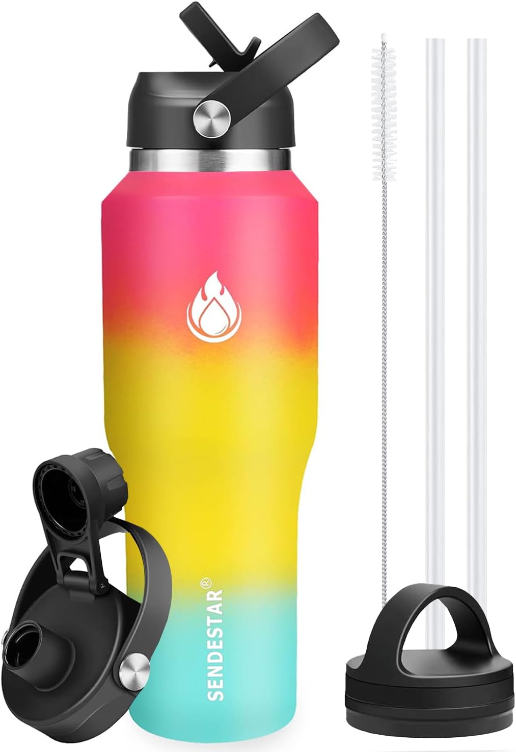 SENDESTAR 40oz Water Bottle Wide Mouth Stainless Steel Vacuum Insulated Double Wall with 2 Straw Lids Fit in Any Car Cup Holder