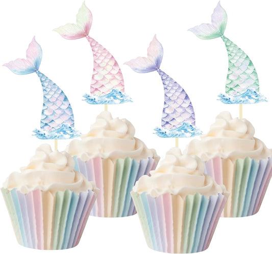24 Pieces Mermaid Tail Cupcake Toppers Under the Sea Cake Decorations Picks for Mermaid theme Birthday Party Decoration Baby Shower Supplies (Mermaid Tail)
