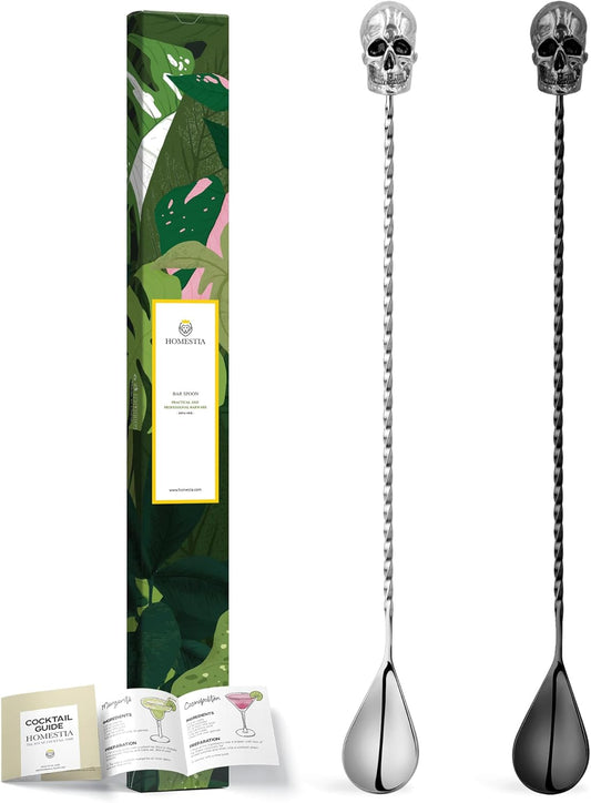 Homestia 2Pcs Bar Spoon, 12 Inch Stainless Steel Cocktail Mixing Spoon, Long Handle Spiral Design with Weighted Skull End Mixing Spoon Stirrers for Drink Cocktail Stirres Halloween Party Bar