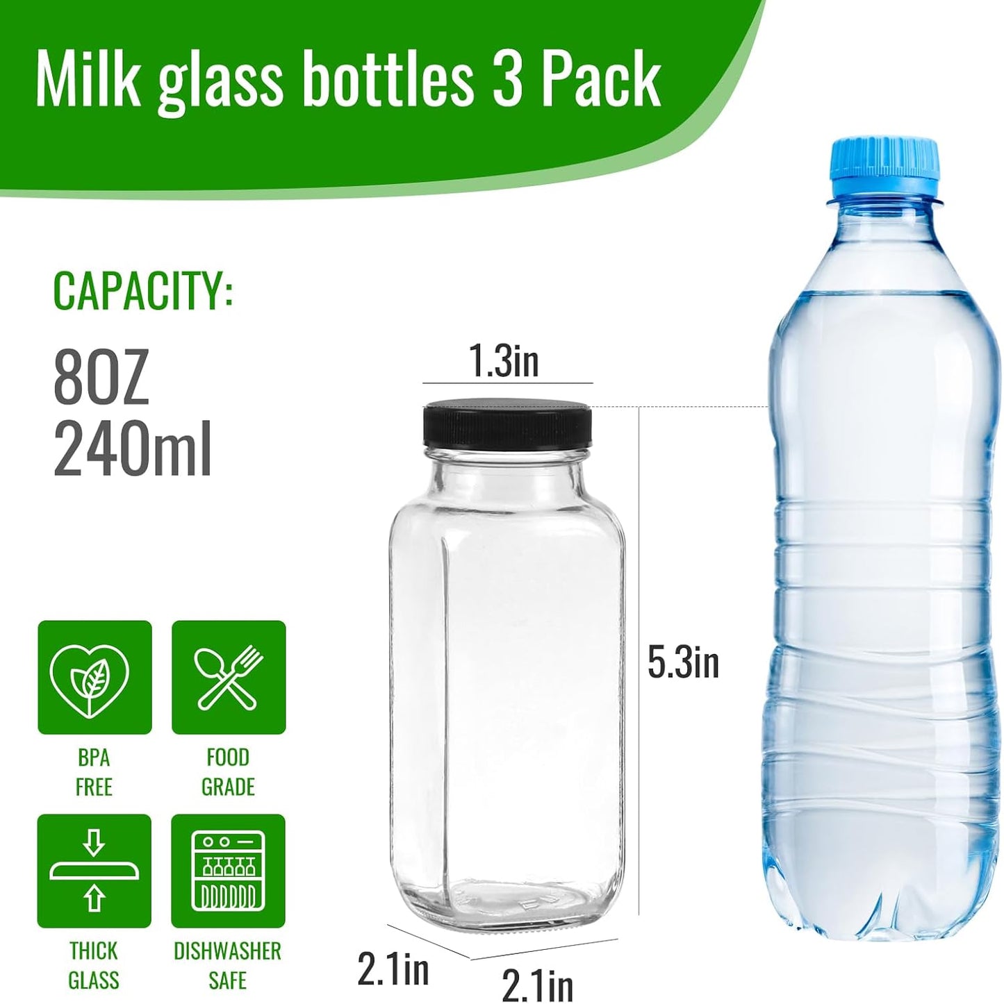 BIGIVACA 8 oz Glass Juice Bottles with Lids,3 PACK Bottles for Juicing,Square Drinking Jars Glass for Coffee,Cola,Milk,Tea in Travel,Work,School