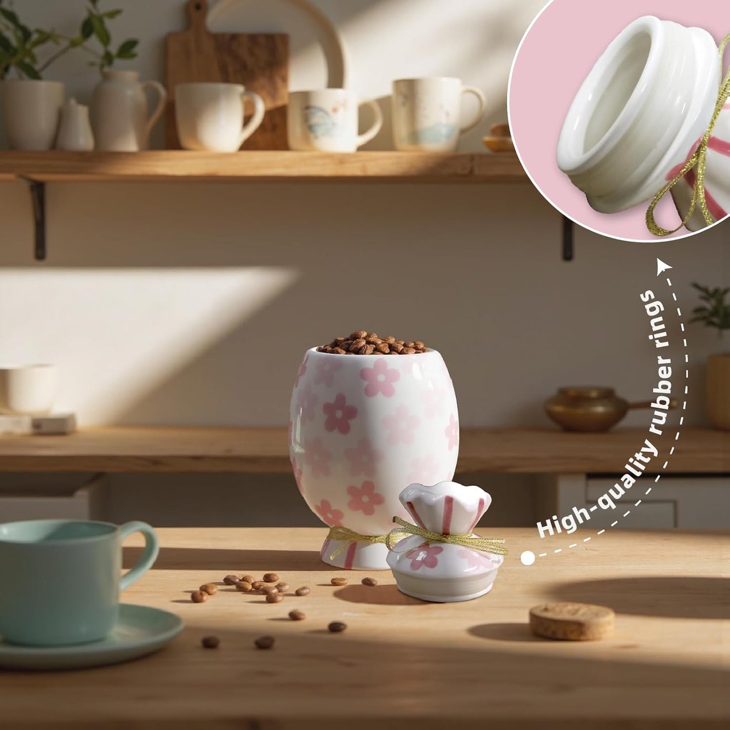 Cute Storage Jars with Airtight Lid, Funny Candy Shape Ceramic Food Container, Cookie Canister for Coffee Bean, Sugar, Tea, Spices, Cereal, Nuts, Dog Treat-700 ml / 23.7 oz(Pink Flowers)