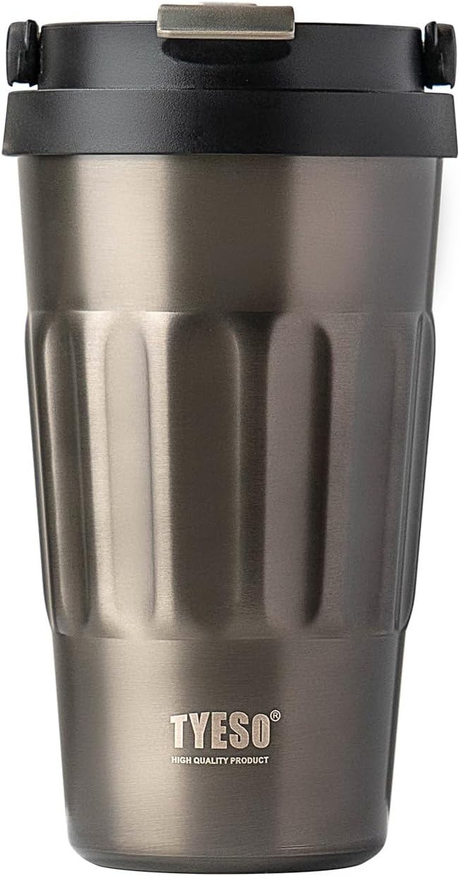 TYESO Stainless Steel Portable Tumbler with Flip Lid,Travel Mug with Concealed Carry Handle, Leakproof Insulated Coffee Cup (GRAY, 17 OZ)