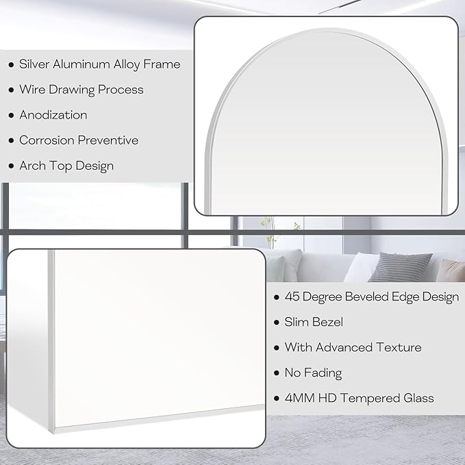 24" x 32" Silver Arched Mirror, Arch Wall Mirror, Metal Frame Black Bathroom - Image 3