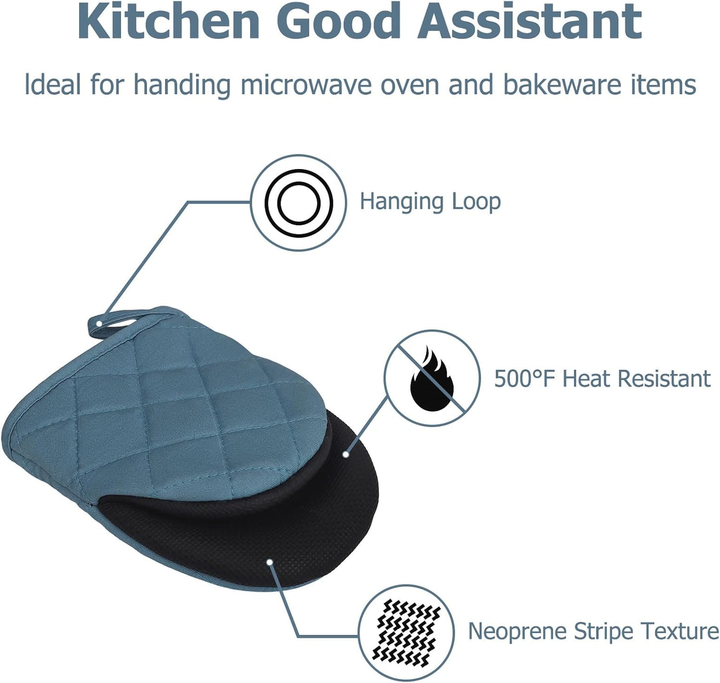 1 Pair Short Oven Mitts, Heat Resistant Silicone Kitchen Mini Oven Mitts for 500 Degrees, Non-Slip Grip Surfaces and Hanging Loop Gloves, Baking Grilling Barbecue Microwave Machine Washable