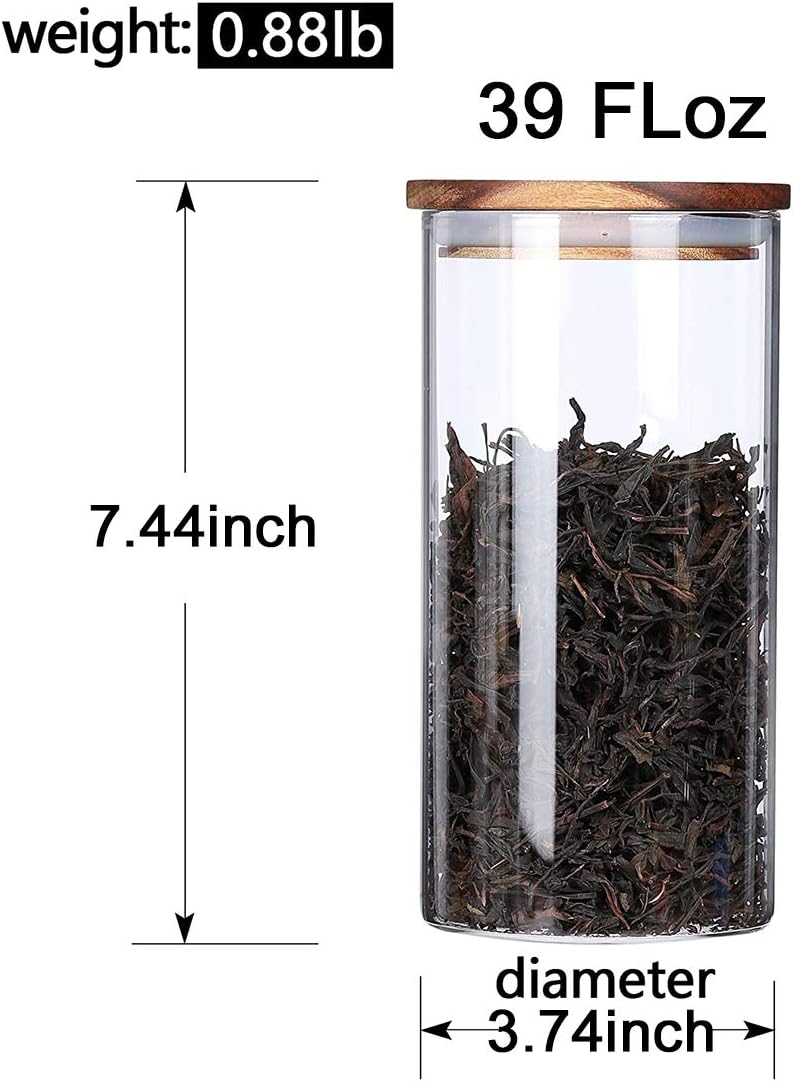 KKC HOME ACCENTS Clear Borosilicate Glass Storage Canister with Airtight Wood Lids,Air Tight Sealed Glass Jar for Loose Leaf Tea,Grinder Coffee,Coffee Beans,Matcha,39 Fluid Ounces