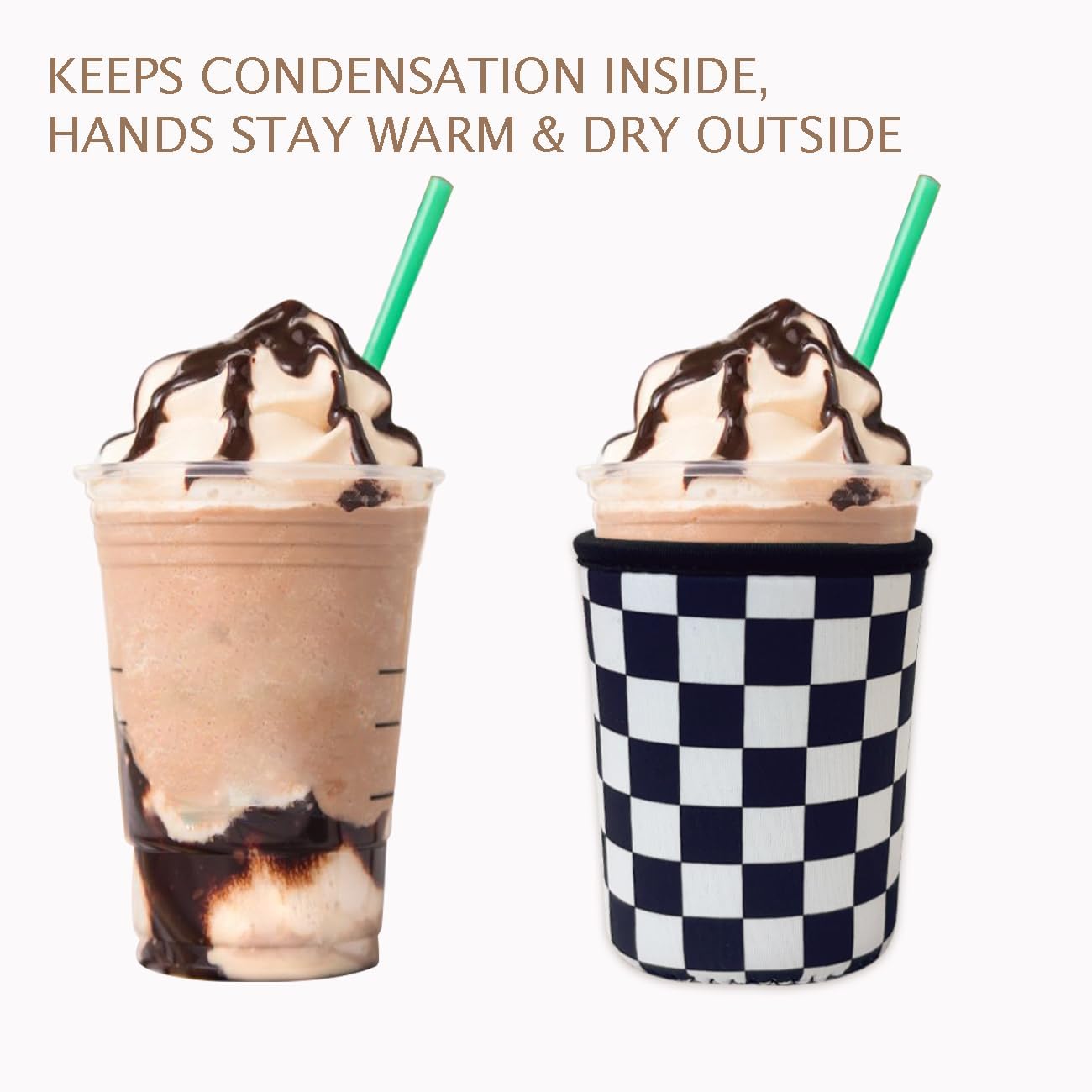 Reusable Insulated Neoprene Iced Coffee Cup Sleeve, Durable Drink Sleeve for Cold Beverages, Beverage Holder for Iced Coffee, Checker Grid