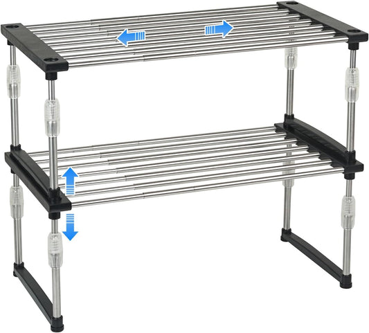 carrotez 2 Pack Expandable Cabinet Organizer, Set of 1 Width & Height-Adjustable Kitchen Cabinet Organizer Shelf, Stackable Kitchen Counter Shelf, 11.8~19.6 x 7.8 x 5.9~9" Black