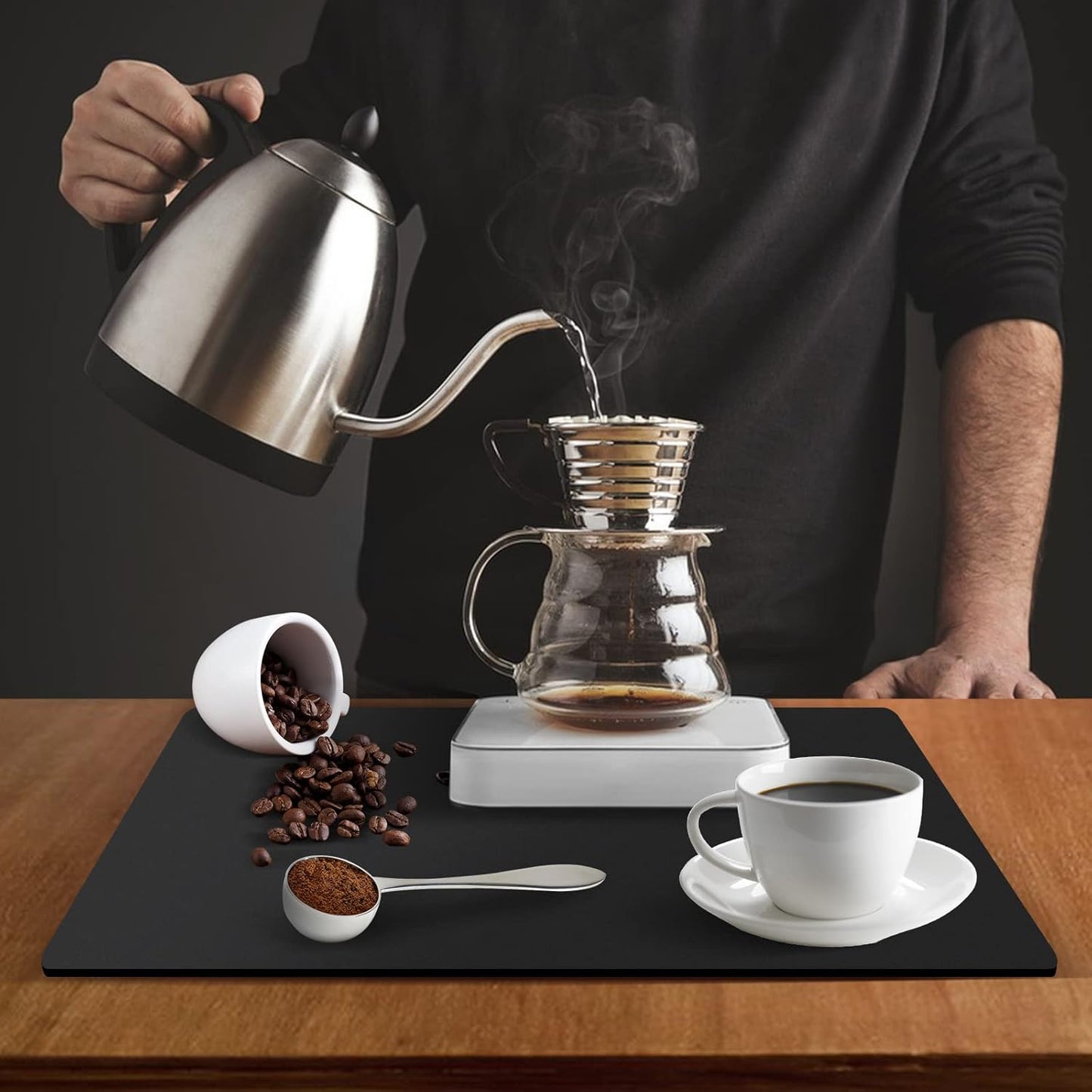 ZLR Coffee Mat - 12" x 20" Middle Kitchen Hide Stain Absorbent Dish Drying Mat for Countertop - Easy to Clean Coffee Bar Mat for Espresso Machine and Spill Protection - Black