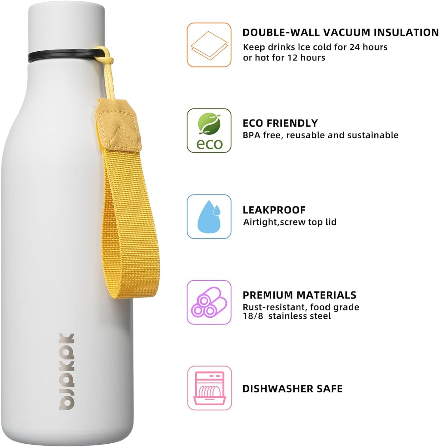 BJPKPK Insulated Water Bottles, 18 oz Stainless Steel Metal Water Bottle with Strap, BPA Free Leak Proof Thermos, Mugs, Flasks, Reusable Water Bottle for Sports & Travel, White