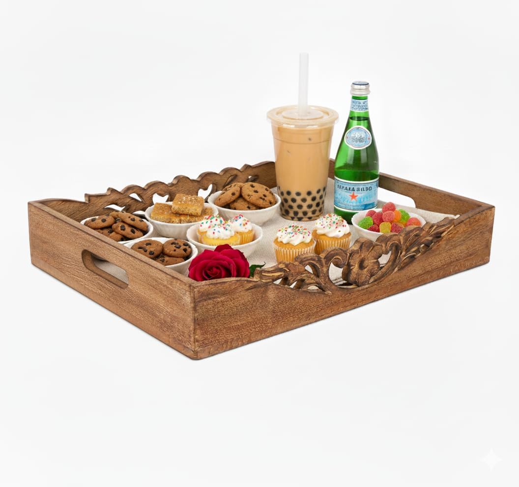 Mela Artisans Orchid Design Wooden Decorative Tray with Handles | 16x12x2.5 Mango Wood Ottoman Tray | for Kitchen Countertop | Coffee Table | Snacks | Desserts | Breads | Bedroom Decor