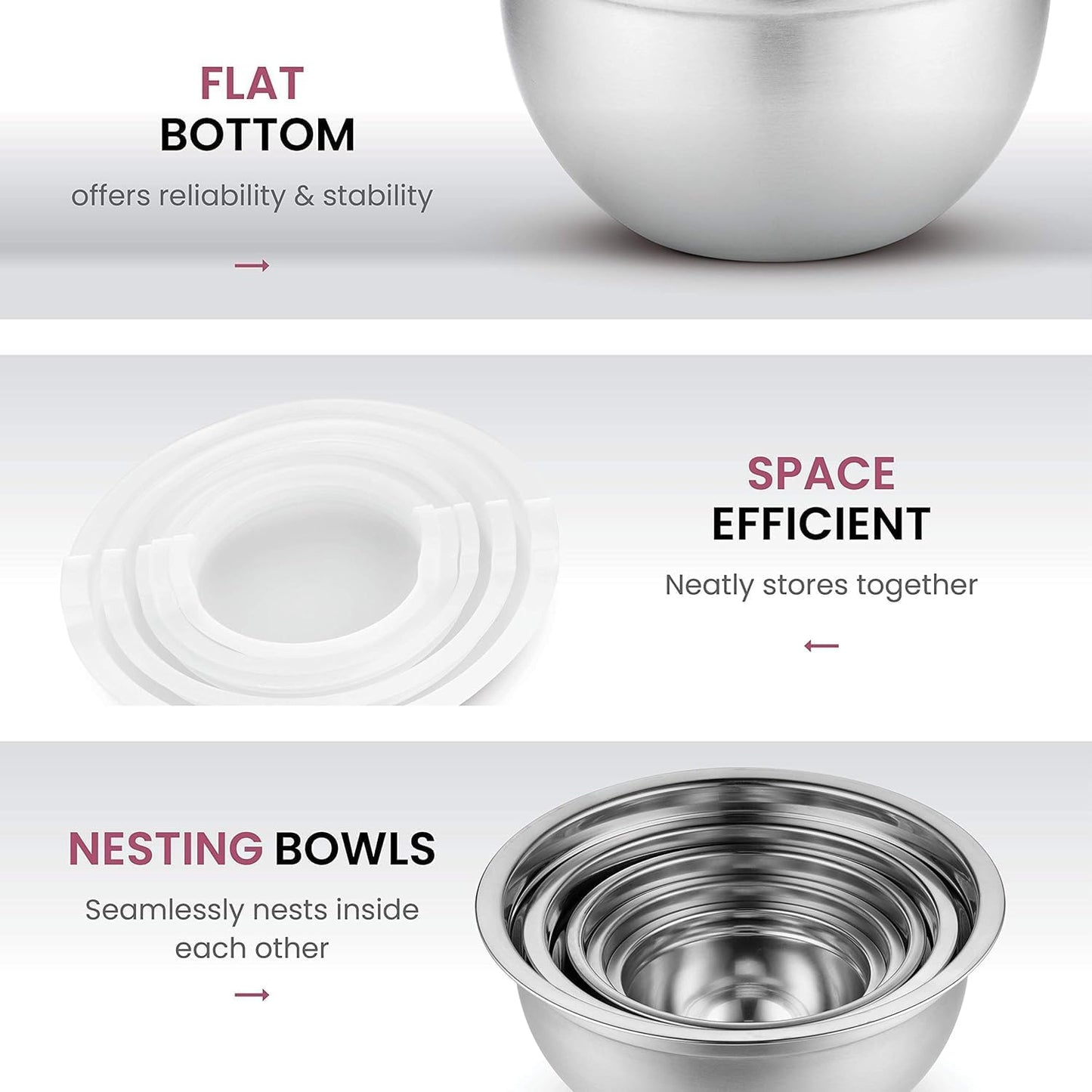 Mixing Bowls Set of 5, Stainless Steel Salad Bowls with Lids, Nesting Metal Mixing Bowls for Baking, Cooking, Prepping & Food Storage