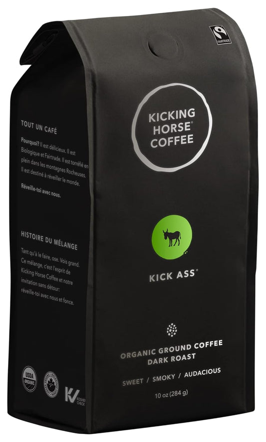 Kicking Horse Coffee Kick Ass, Dark Roast, Ground, Certified Organic, Fairtrade, Kosher, Black, 284 g, Pack of 6