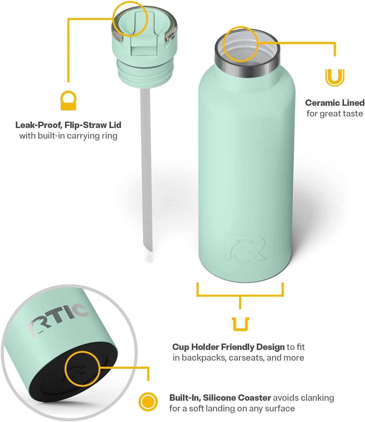 RTIC 16oz Journey Bottle Metal Stainless Steel Vacuum Insulated, BPA Free, Reusable, for Water, Hot and Cold Drinks, Travel, Sports, Camping, Fresh Mint