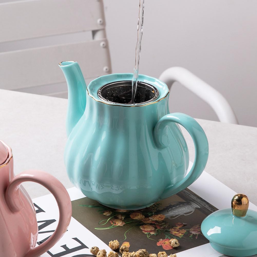 Sweejar Royal Teapot, Ceramic Tea Pot with Removable Stainless Steel Infuser, Blooming & Loose Leaf Teapot - 40 Ounce (Turquoise)