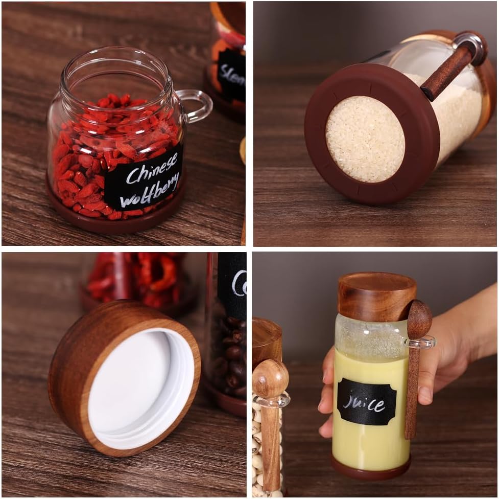 SAIOOL High Bprosilicate Glass 4 Pack Spice Jars with Label and Spoons,Overnight Oats Containers with Acacia Airtight Lids,Glass Food Storage Jars, Coffee Bar (Acacia 11.5 OZ*4)