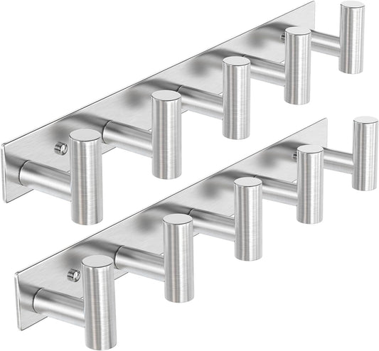 VAEHOLD Silvery Hat and Coat Wall Mount Rack - 5 Hooks for Robes, Bags, Keys, and Towels - Bathroom Towel Hanger Organizer (2 Pack)
