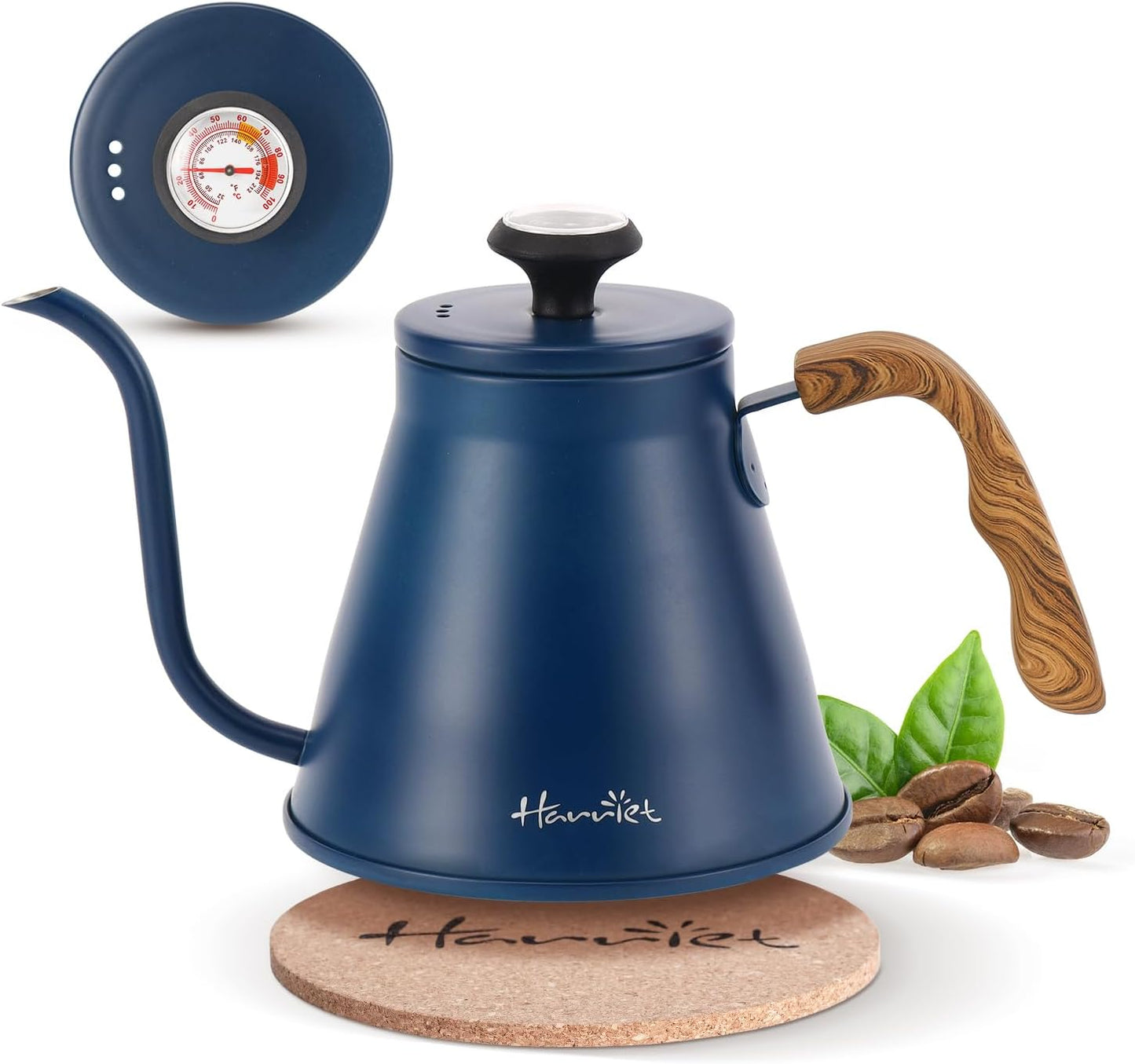 Harriet Gooseneck Kettle with Thermometer for Pour Over Coffee and Tea, 37 fl oz, Stainless Steel, Durable 3-Layer Base, Ideal Spout for Precision Pouring, Compatible with all Stove Tops, Blue
