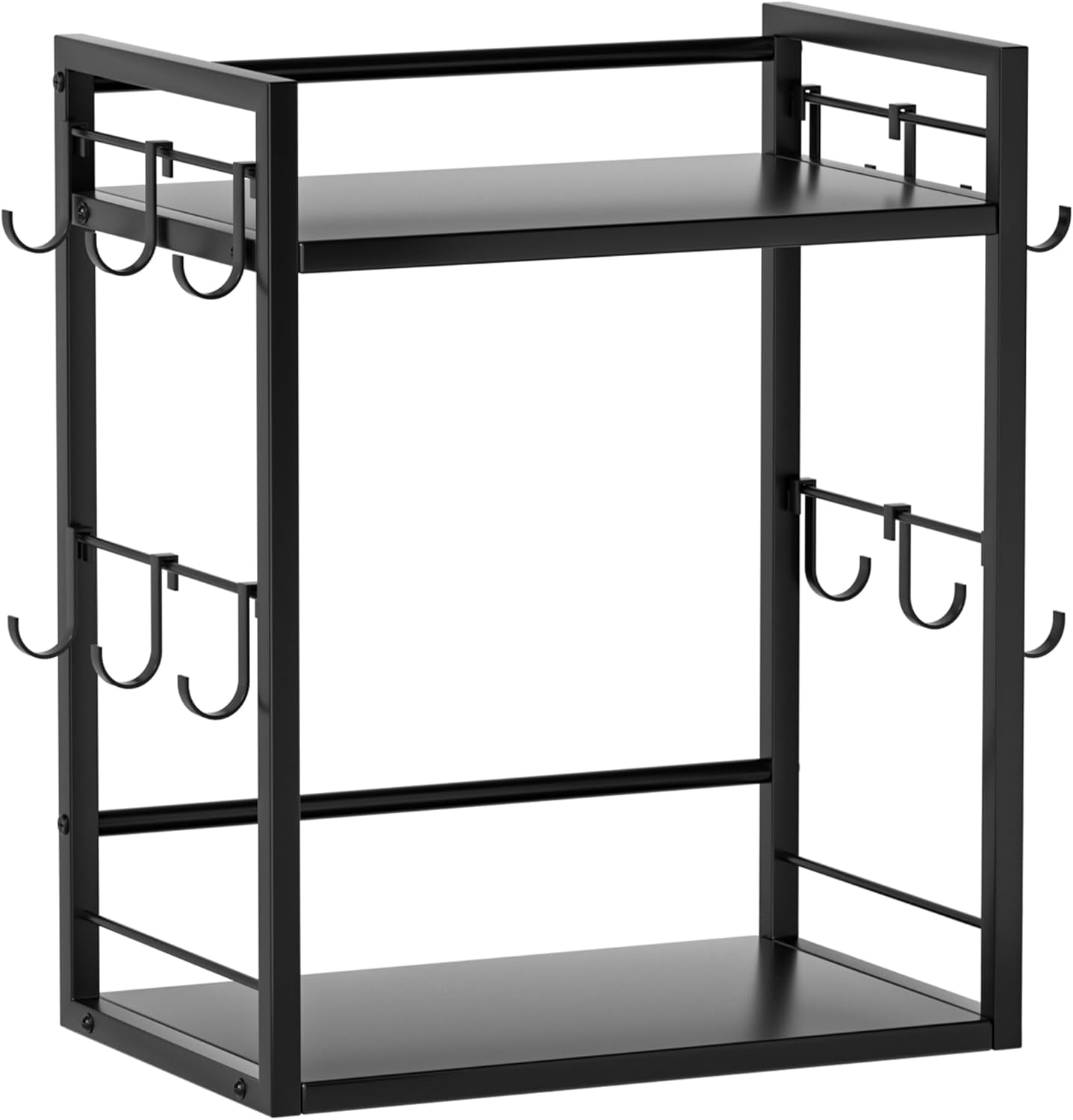 Dorhors 2 Tier Coffee Bar Accessories and Organizer,Multi-functional Mug Holder with 12 Hooks,Wood Coffee Station Organizer,Kitchen Countertop Shelf (Black)